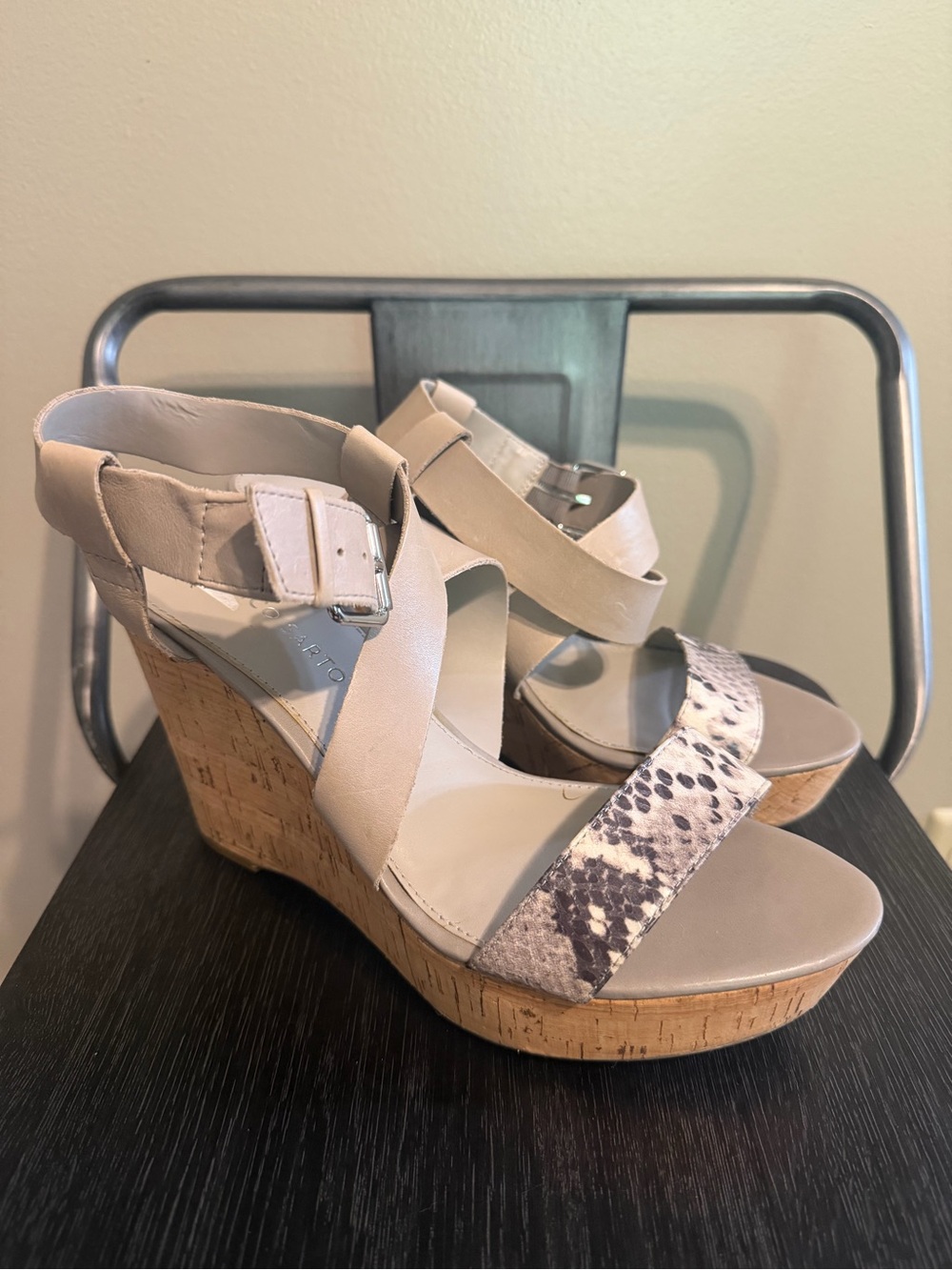 Franco Sarto Leather Cork Wedge Sandals Snakeskin Print Ankle Strap Sz 8.5